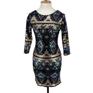 Sequin Mini Dress Low V Back Blue Gold Size 6 Holiday Party New Years blinQ